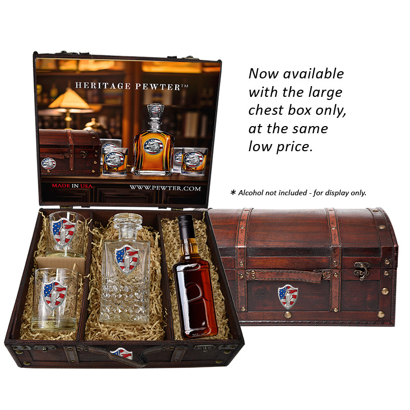 Michigan State Heritage Decanter with 3D Top Sparty Helmet and 2 Glasses with Chest Box