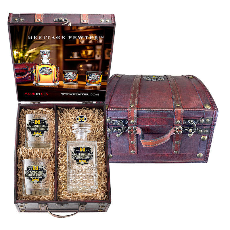 2023 Michigan Football Championship Heritage Decanter w/ 3D Top and 2 Glasses w/ Chest Box