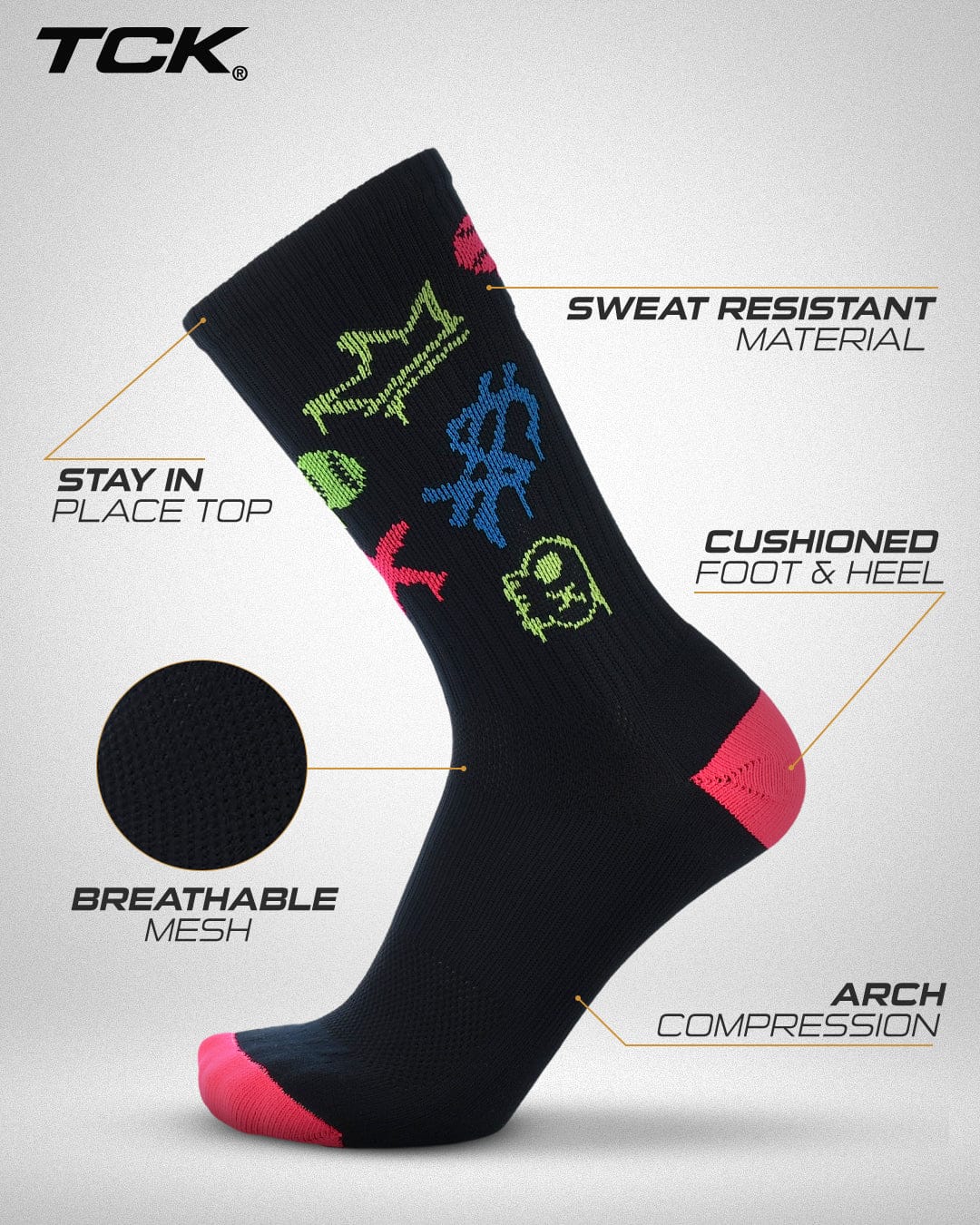 TCK After-Glow Graffiti Neon Baseball Crew Socks