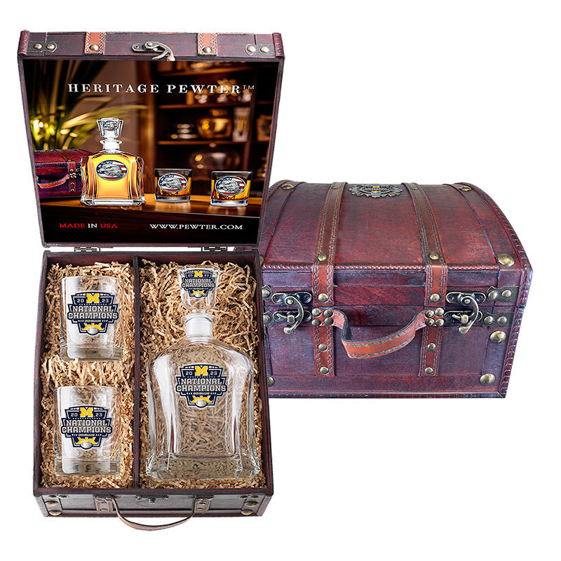 2023 Michigan Football Championship Capitol Decanter and 2 Glasses w/ Chest Box