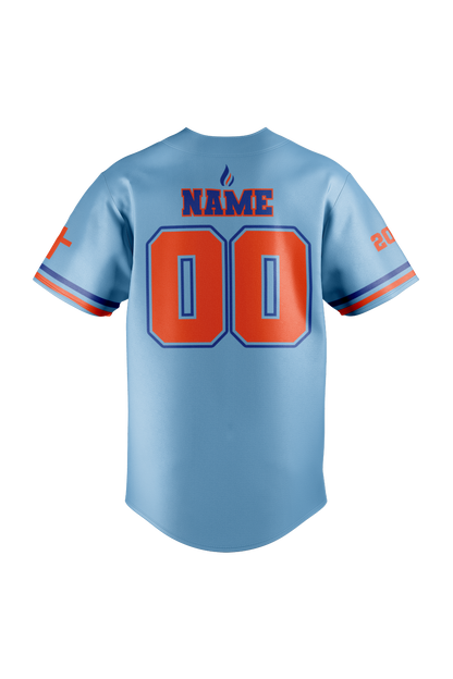 Flames MI Sublimated Baseball Full Button Jersey- Light Blue