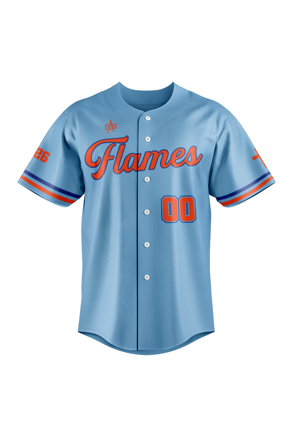 Flames MI Sublimated Baseball Full Button Jersey- Light Blue