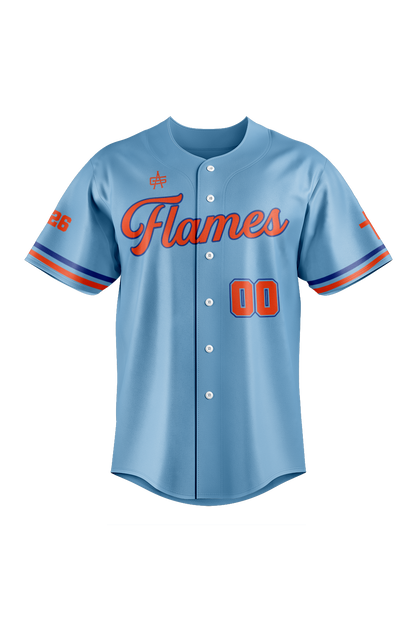 Flames MI Sublimated Baseball Full Button Jersey- Light Blue