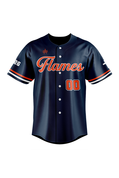Flames MI Sublimated Baseball Full Button Jersey- Navy