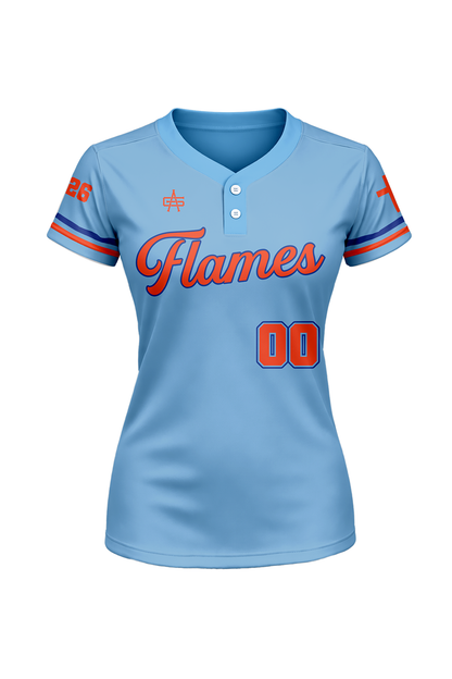 Flames MI Softball Sublimated Two Button Jersey- Light Blue